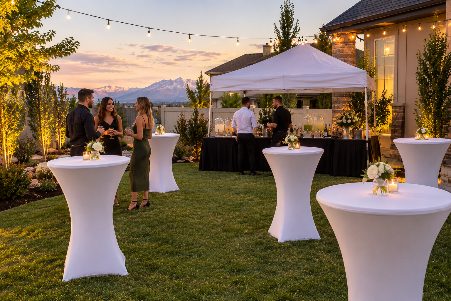 Illustration of a backyard open house layout with round tables and cocktail tables